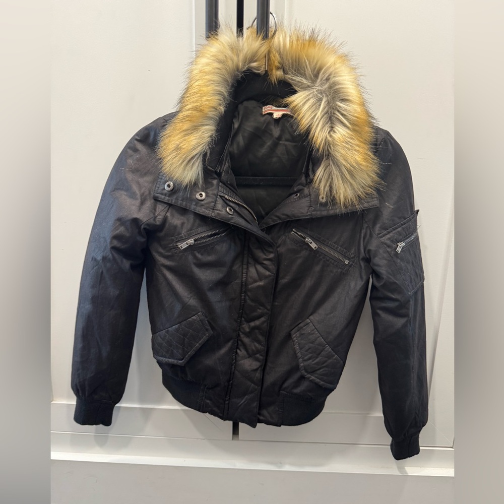 Vintage Havana Black Jacket with Fur Trim
